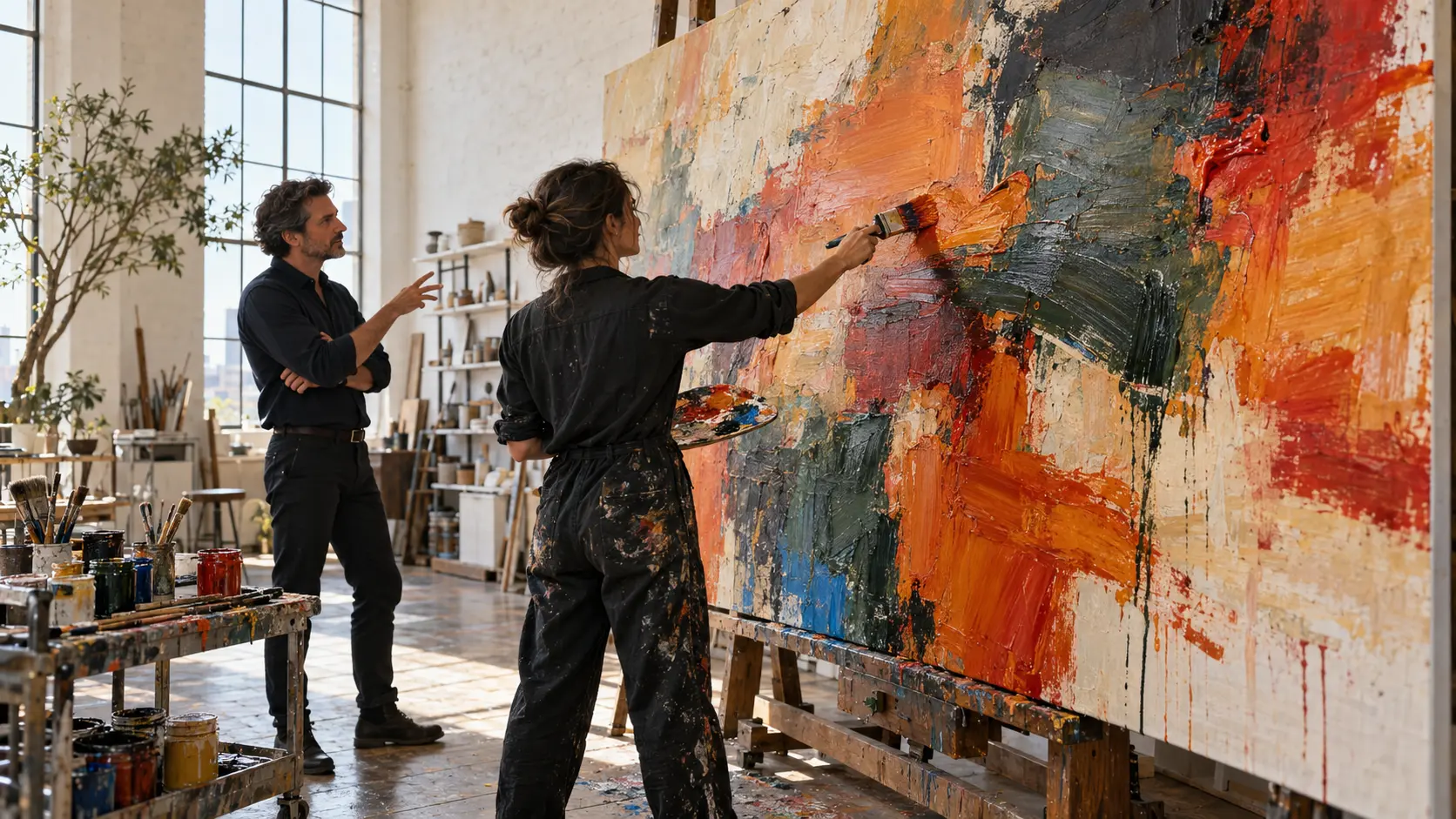 Artiste travaillant à une grande peinture abstraite lors d’une séance de co-création en atelier