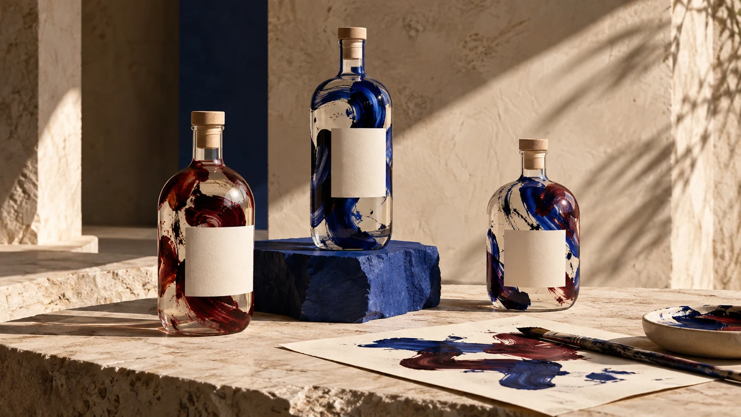 Bouteilles ornées de motifs peints rouges et bleus
