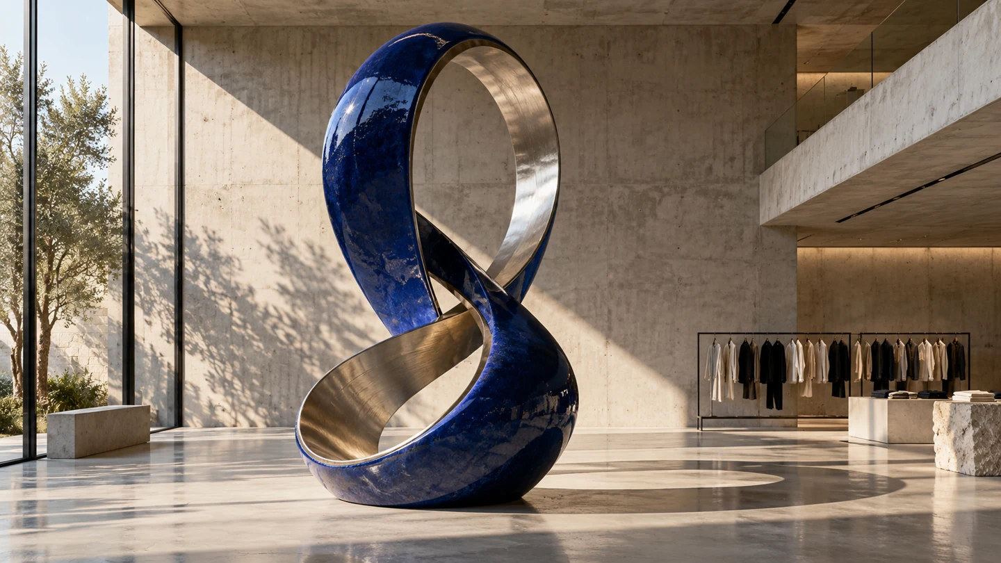 Abstract blue and metal sculpture in a contemporary space