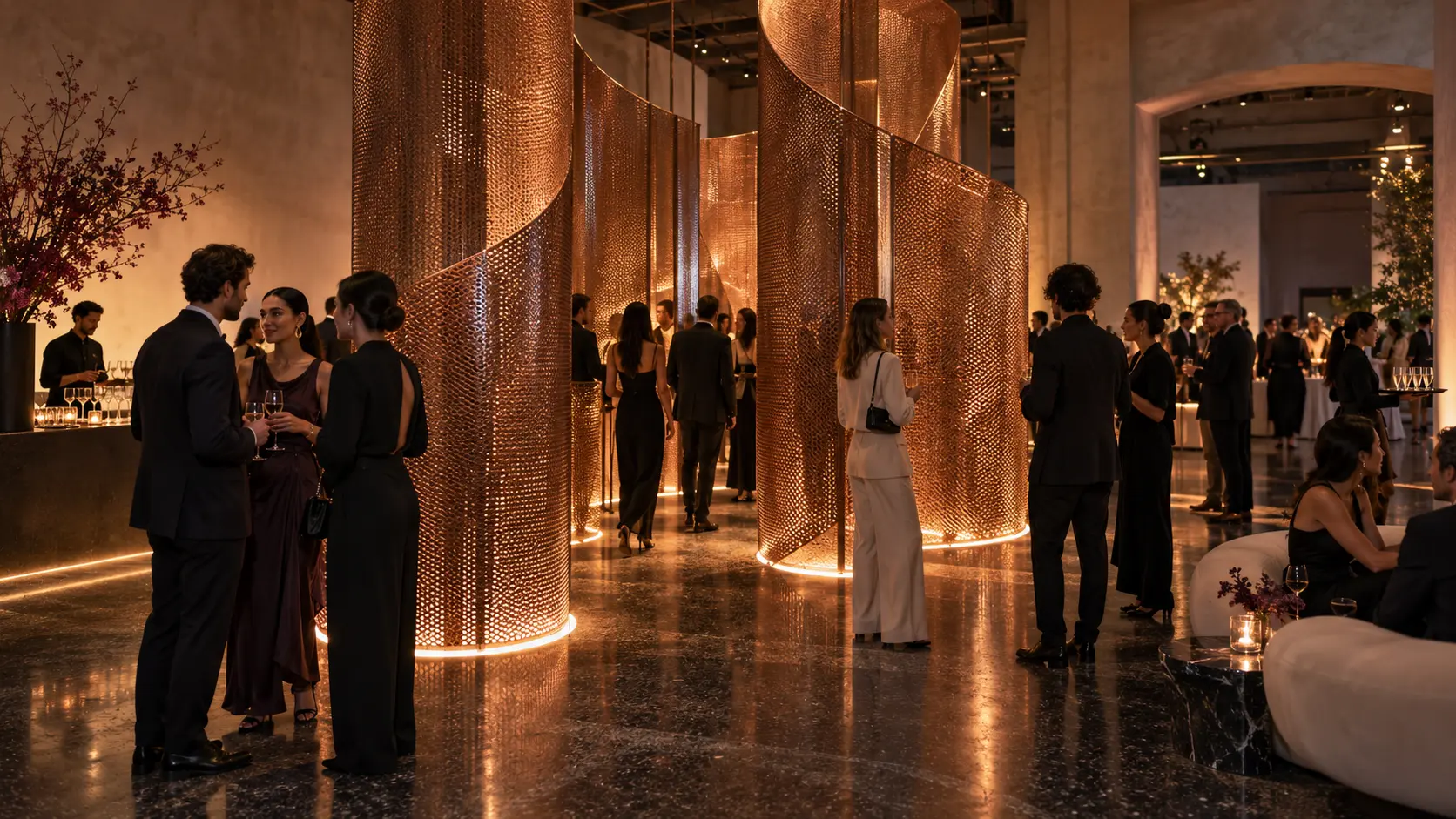 Invités découvrant une installation artistique lors d’un lancement de marque
