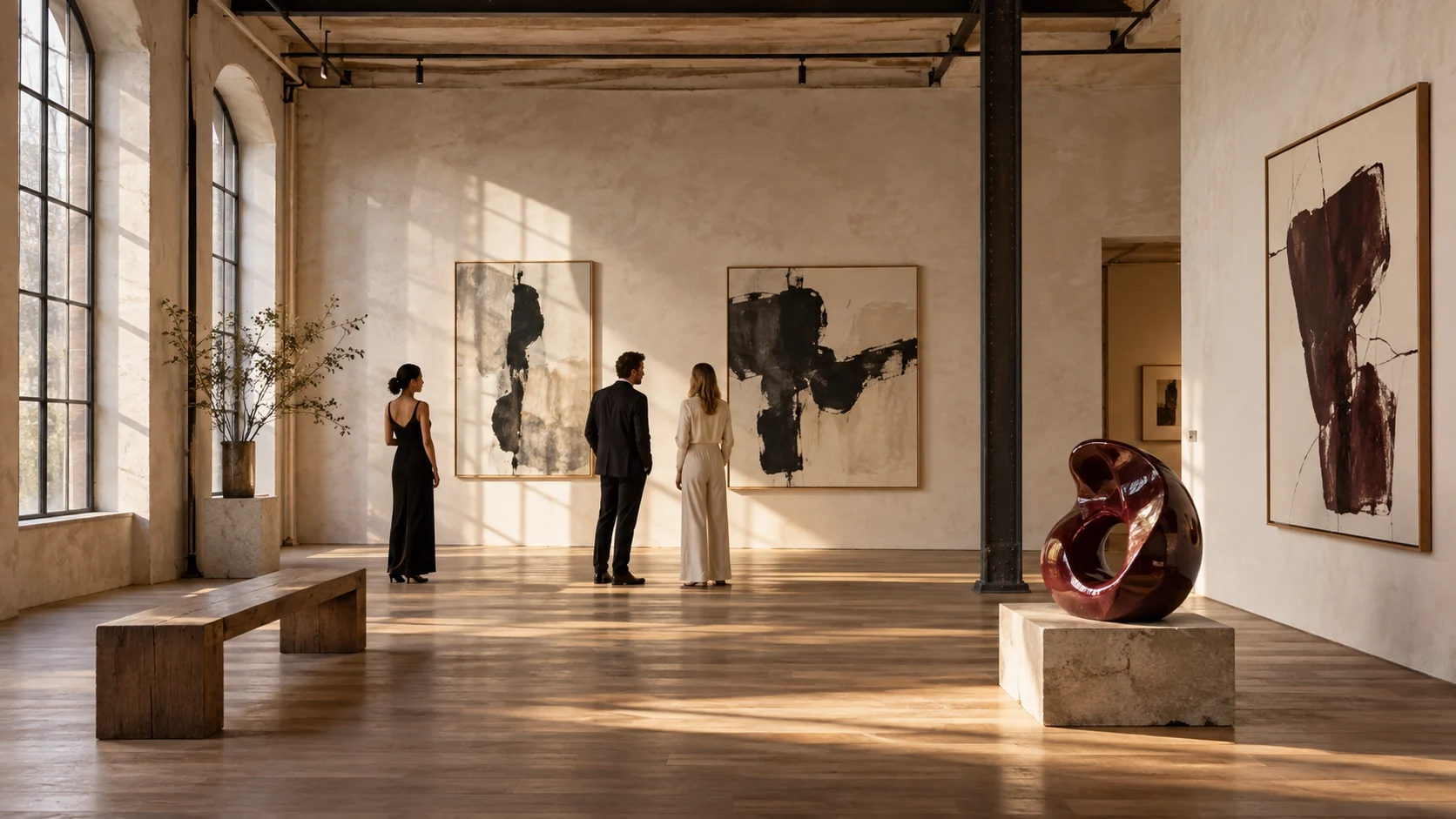 Invités découvrant des œuvres dans une galerie