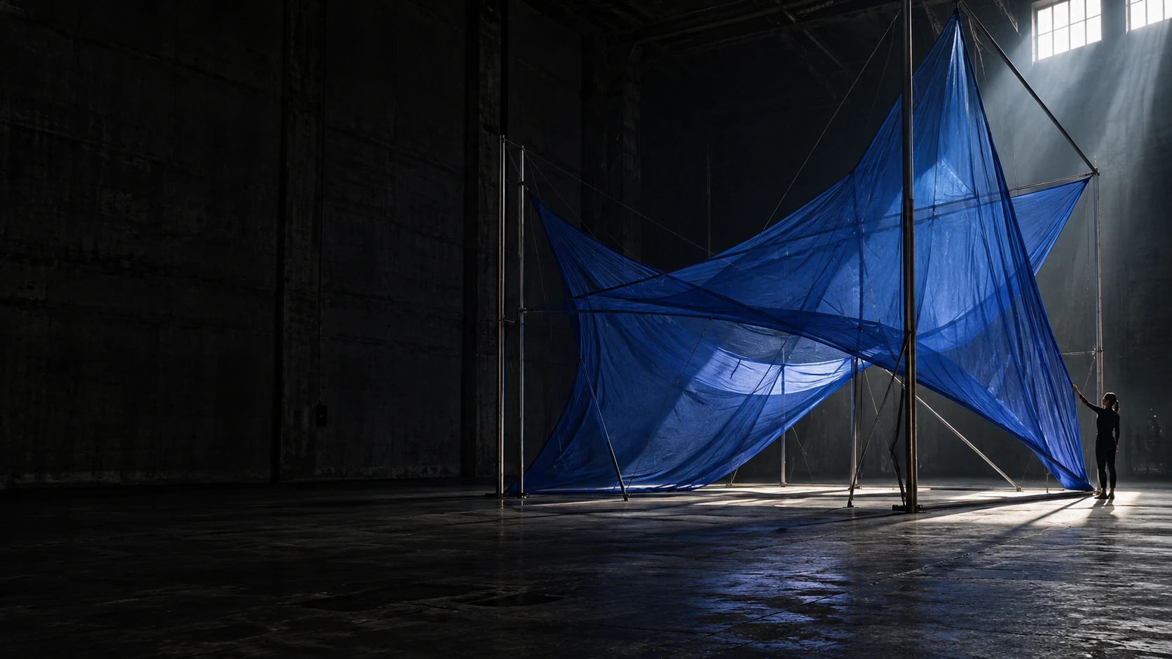 Concept de scénographie avec voiles bleus et structures métalliques dans un espace contemporain