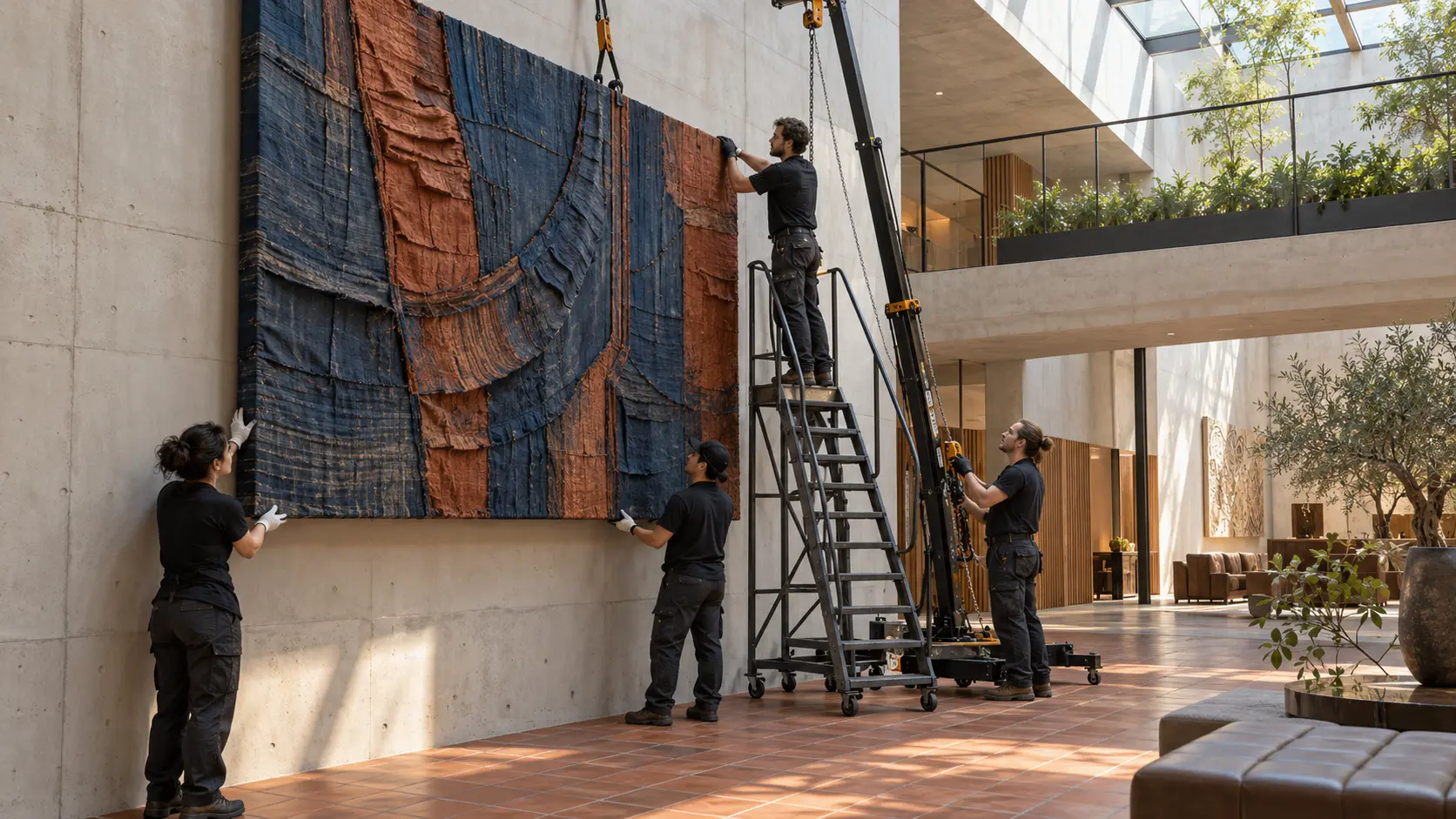 Équipe technique installant une œuvre monumentale dans un atrium contemporain