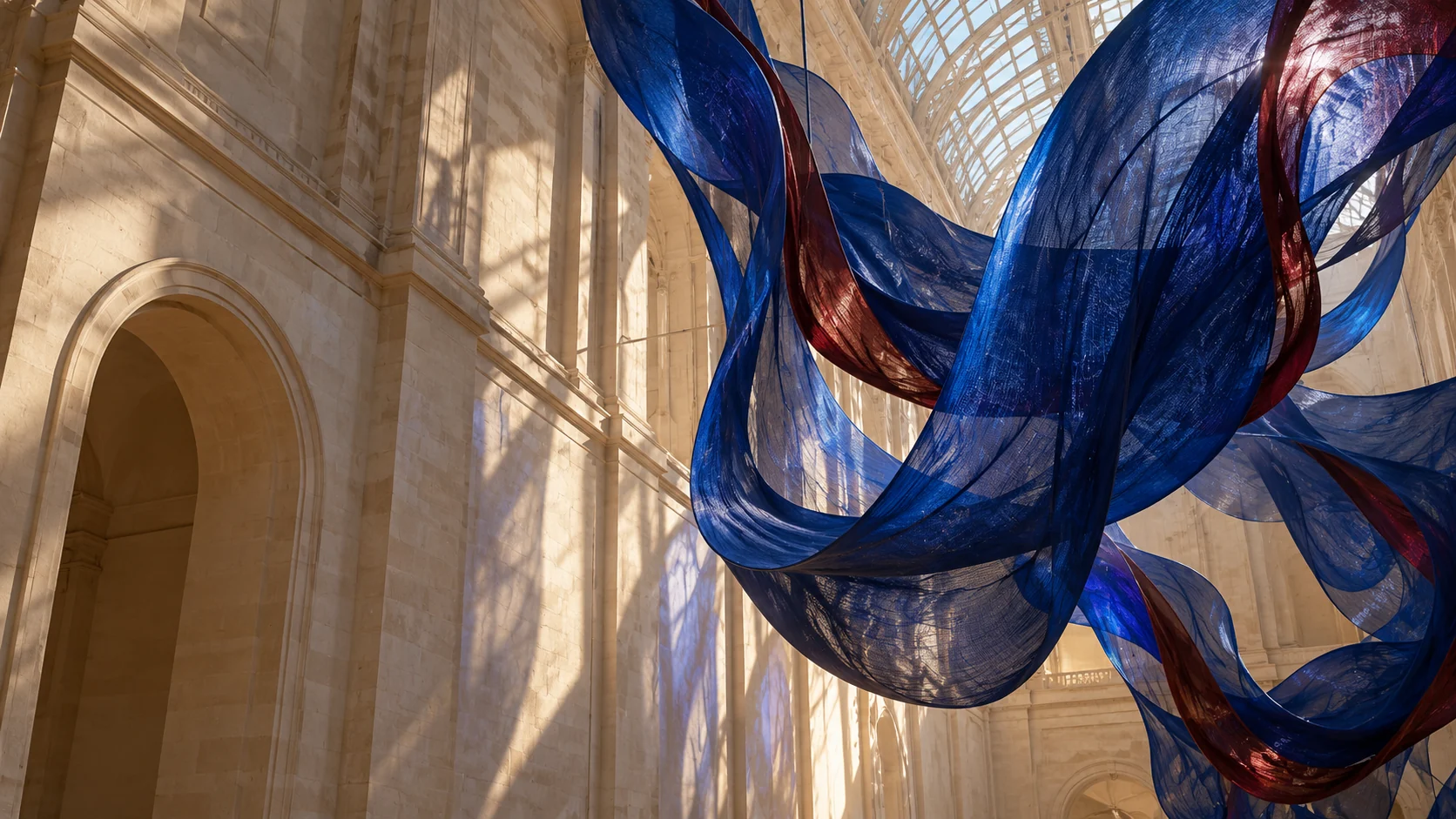 Installation textile dans un bâtiment en pierre