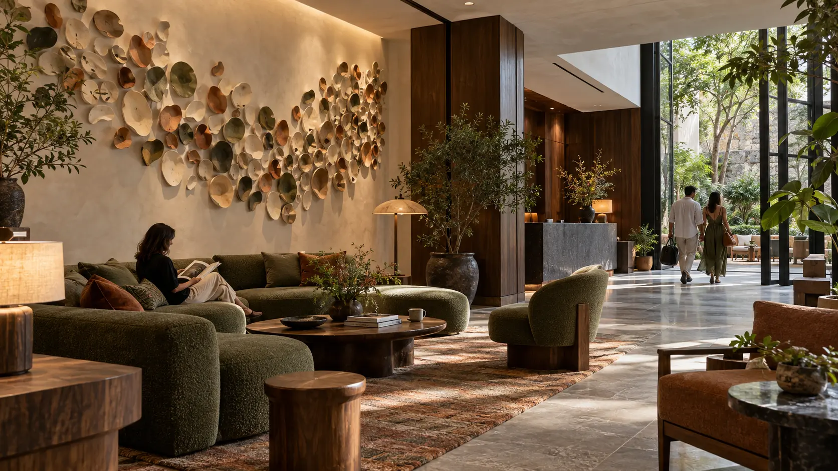 Œuvre artistique intégrée au salon d’un hôtel contemporain