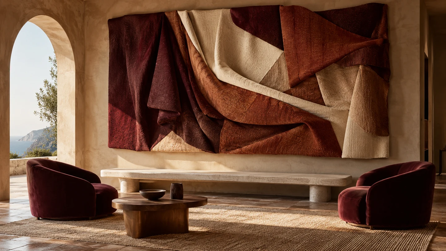 Red and ivory textile artwork in a hotel lounge